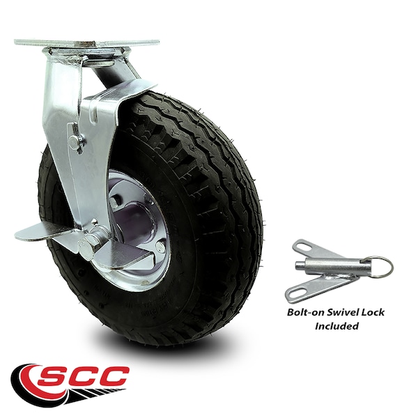Service Caster 10 Inch Black Pneumatic Wheel Swivel Caster with Brake and Bolt Swivel Lock SCC SCC-100S3504-PNB-TLB-BSL - main